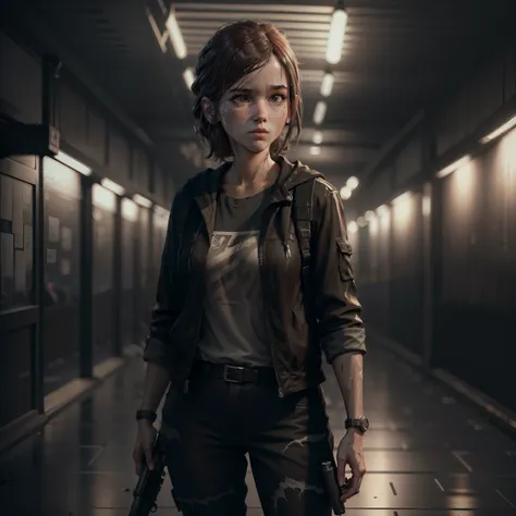 retro style ellieabigail "abby" anderson fom the last of us having  gun style and full body view, dark background of (night of n...