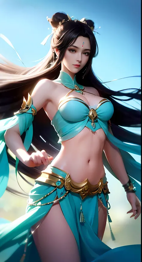 Bust photo, a beautiful woman, messy hair, girly, symmetrical bun, hair accessories, jewelry, delicate face, eye shadow, delicate cyan top, bare shoulders, navel, bare belly, Dunhuang style, a lot of streamers, delicate skin, soft light effects, delicate a...