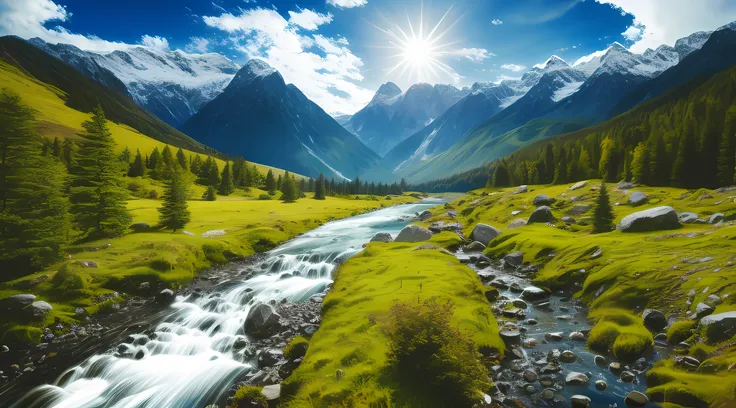 detailed background, masterpiece, best quality, landscape, mountains, river, forest, sun, day, clouds