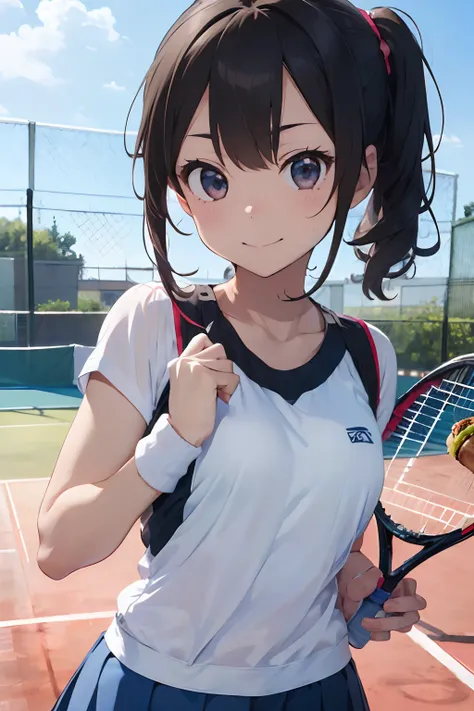 masutepiece, best quality, 8k_wallpaper, (beautiful eyes), ((cute)), cute, (lovely), (tennis court on a sunny day),1girl in,smal...