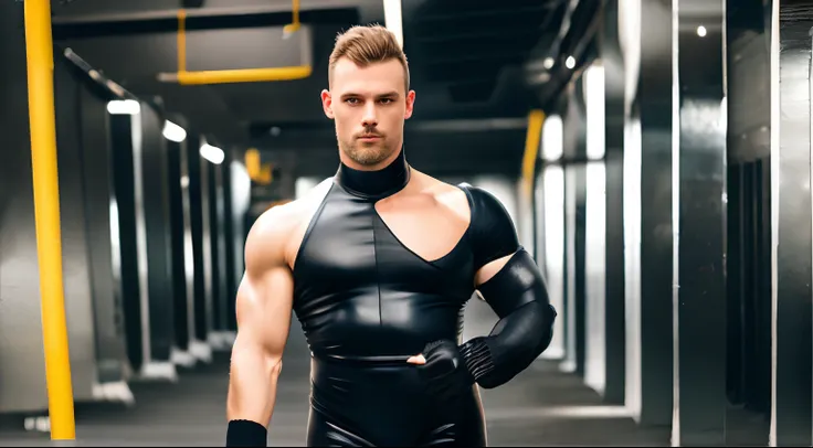 muscular dude，wearing a black one-piece latex suit，mitts，with a collar，petting the