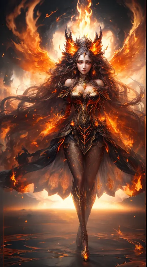 This is a realistic fantasy artwork prominently featuring realistic fire, including wisps of flames, glowing hot embers, subtle curls of smoke, and a beautiful fire druid. The druid stands in the midst of a raging inferno with an interesting composition. H...
