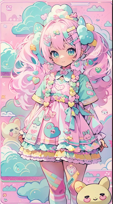 kawaii, cute, adorable, pink, yellow, babyblue, ((1girl)), sky themed, clothes out of clouds and sky, fluffy and soft,  decora, ...