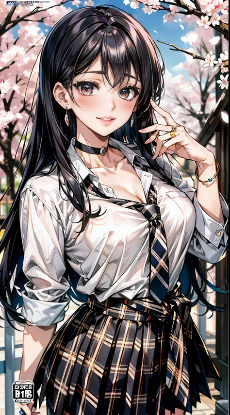 masterpiece, best quality, full body, 1girl, bangs, black choker, black necktie, black hair, blue skirt, blush, bracelet, breast...