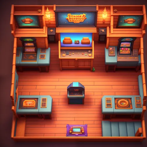 45 degree top view，video arcade interior，stardew valley style，