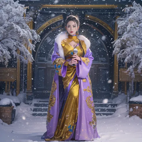 Todays topic,Idol singer,Stage costumes,be on stage,holding a mic,16k(tmasterpiece,k hd,hyper HD,16k)short detailed hair,Vintage train sleeper area,Snow Circle Woman ,Golden Dragon Protector (realisticlying:1.4),Python robe,Purple apron,Snowflakes flutteri...