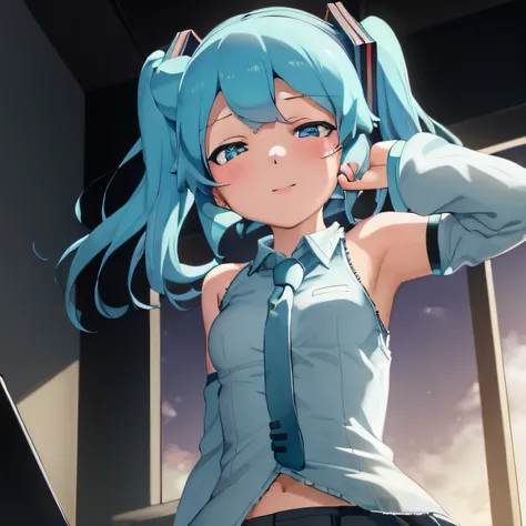 obra maestra, best_quality, 1girl, solo, abmayo, hatsune miku, fondo, escritorio, computadora