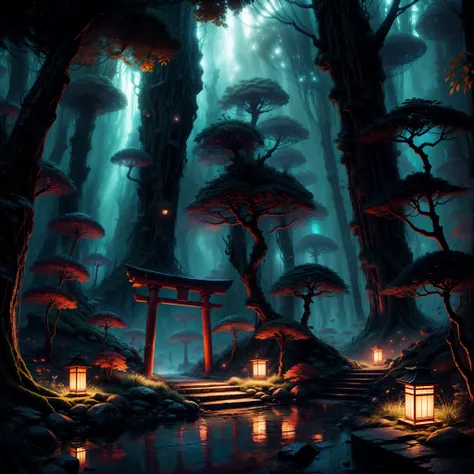 A captivating Japanese torii gate, standing tall amidst an enchanted bioluminescent forest that emanates ethereal beauty and a touch of magic. This mesmerizing scene is inspired by the unique style of Cathleen McAllister, blending elements of realism and f...