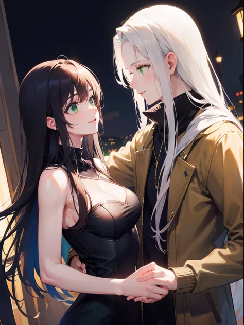 (masterpiece), best quality, ultra high res, sharp focus, ((1 man, 1 woman, couple)), different heights, upper body, medium close up, dutch angle, embraces each other closely, (at the beautiful night time:1.2), in the romantic balcony, look at each other, ...