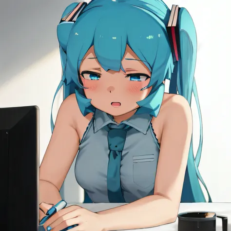 obra maestra, best_quality, 1girl, solo, abmayo, hatsune miku, fondo, escritorio, computadora, noche