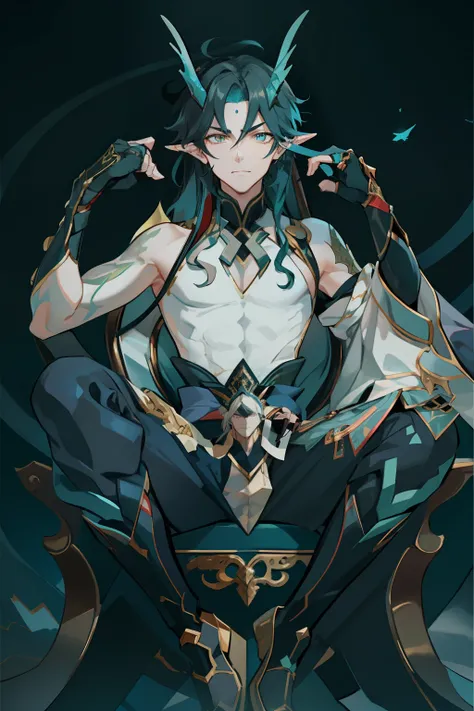 (absurderes,A high resolution,Hyper-detailing,hdr),Dragons horn,younge boy,tmasterpiece,best qualtiy,1人,独奏,Handsome,Golden eyes,Fine eyes and detailed face,toppless,Tattooed with,arma,seated on a throne,pervert smirk,Abs,chest muscle,Raised sexy,Ruffian,Sh...