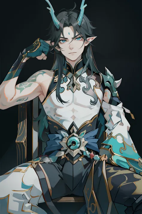 (absurderes,A high resolution,Hyper-detailing,hdr),Dragons horn,younge boy,tmasterpiece,best qualtiy,1人,独奏,Handsome,Golden eyes,Fine eyes and detailed face,toppless,Tattooed with,arma,seated on a throne,pervert smirk,Abs,chest muscle,Raised sexy,Ruffian,Sh...