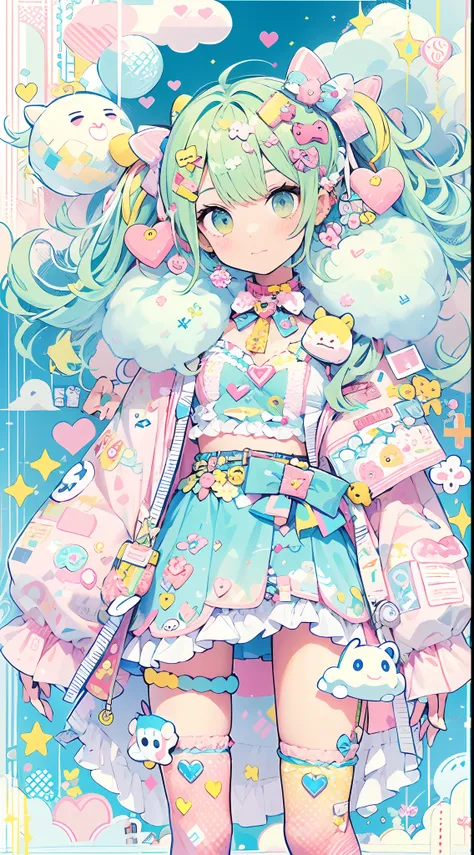 "kawaii, cute, adorable girl with pink, yellow, and baby blue color scheme. she is dressed in sky-themed clothes made out of clo...