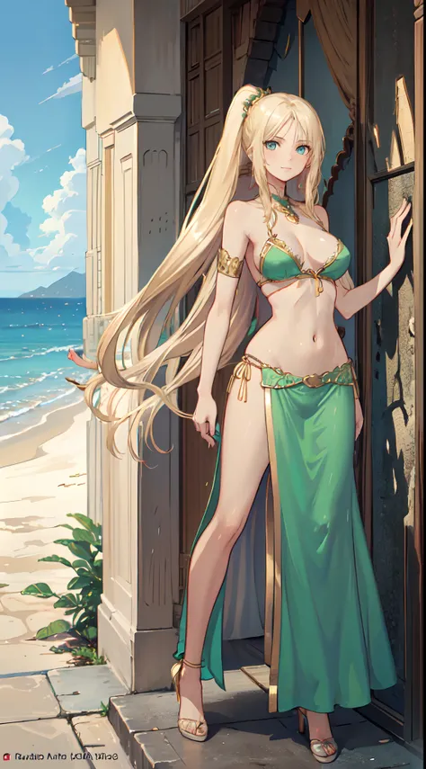blonde hair, long hair, green eyes, with slender legs and an enticing beach pose, wearing a elegant red gown that shows off her navel, resembling an Arabian belly dancer. She has a short trimmed skirt and her flowing blonde hair is styled in a side ponytai...