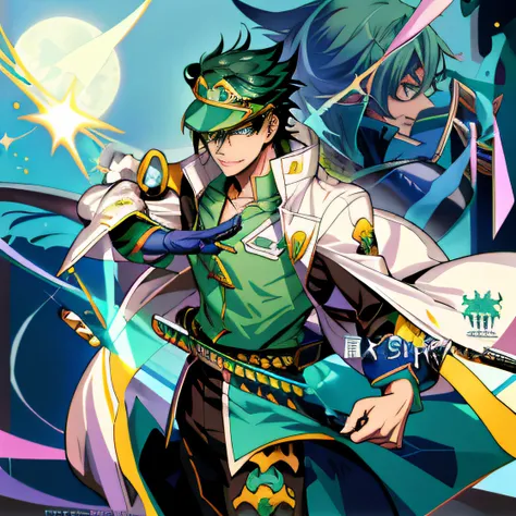 anime characters with swords and green costumes before the full moon, official artwork, casimir art, official anime artwork, hig...