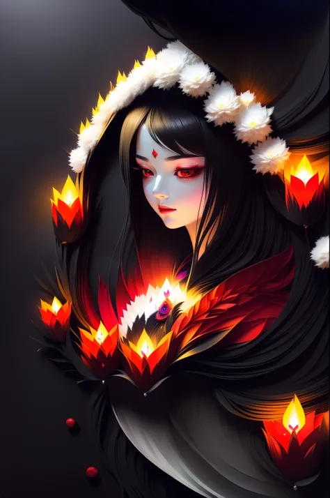 (the quality of the masterpiece, high-resolution details, bust pose of red-eyed magical girl in a dark cave，dark background:1.4，...