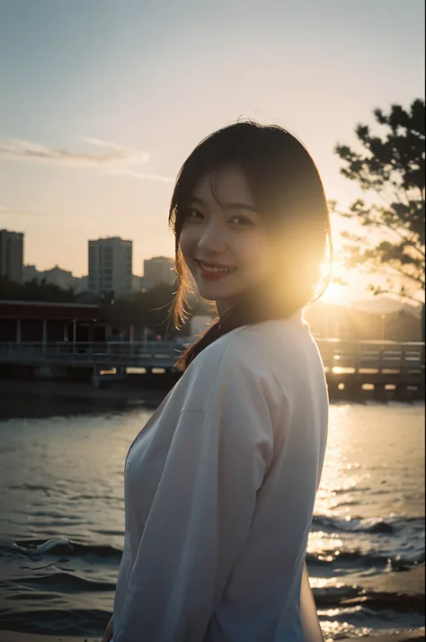 best quality,masterpiece,超高分辨率,(realisticity:1.4),original photo,cinematic lighting,,1girll,smile,back lit lighting,sunset,