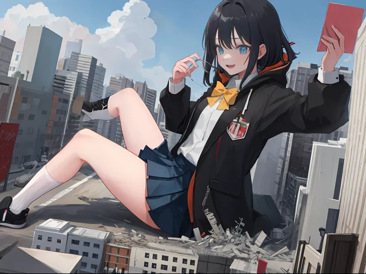 1girl, two legs, two hands, bigger than the building, black hair, blue eyes, bangs, suit, black tie, black pleated skirt, black ...