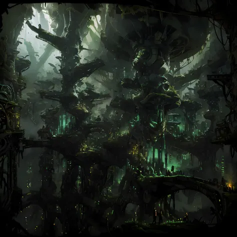 crowded, The tree々replaced by neon-lit pillars、Cyberpunk Forest, a lump of wires with the ground intertwined, Circuits and metal fragments. Fog drifts through the forest, Enhances the surreal atmosphere with a gloomy and eerie feel. In such an environment,...