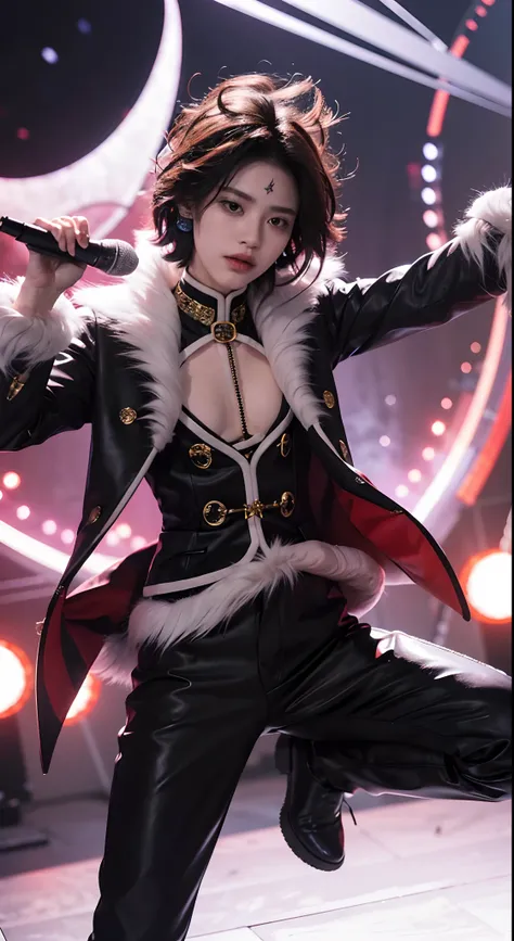 (tmasterpiece,best qualtiy:1.2),独奏,malefocus,1 boy,Crollo Lucifer,face expressionless,fur-trim,Long jacket,sem blusa,Black pantsuit, realisticlying,skin textures,detritos,on stage, gripping a microphone, captured in a full-body shot. fiery atmosphere, bold...