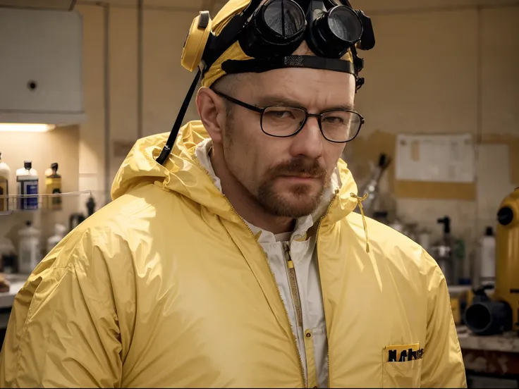 a stunning intricate full colour upper body photo of man wearing glasses, (wearing a yellow lab coat and a gas mask on the head)...