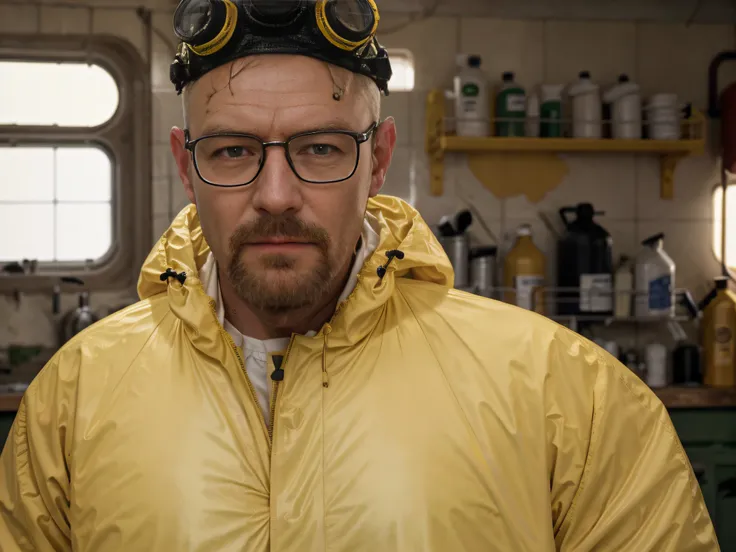 a stunning intricate full colour upper body photo of man wearing glasses, (wearing a yellow lab coat and a gas mask on the head)...