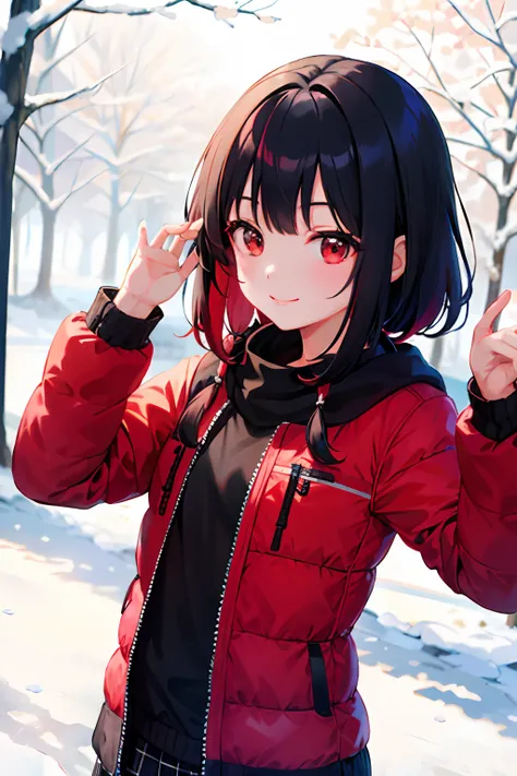 (morning), 1girll, 独奏, looking at viewert, winter, smile, black hair，red pick dye