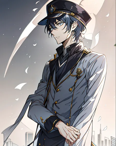 anime characters standing in front of the city in uniform, delicate male, handsome anime pose, anime handsome man, inspired by o...