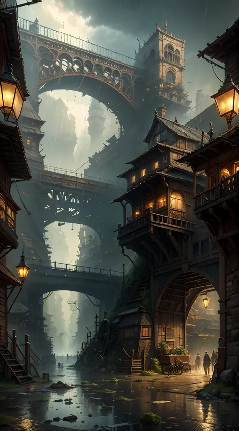 Industrial age city, deep valley in the middle, building streets, bazaars, bridges, rainy days, steampunk, European architecture
