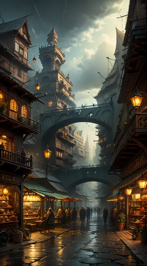 industrial age city, deep valley in the middle, building streets, bazaars, bridges, rainy days, steampunk, european architecture