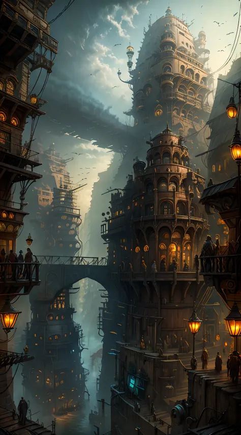 industrial age city，deep valley in the middle，architectural streets，bazaars，bridges，rainy sky，steampunk futuristic style，western...