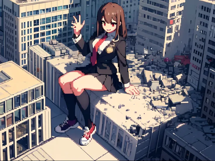 hcnone, pixel art, masterpiece, pixel, 1girl, bigger than the building, brown hair, red eyes, bangs, suit, black necktie, black ...