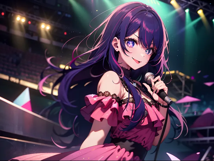 "masterpiece, intricate details, vibrant colors, (1 girl: 1.2), captivating idol with striking purple hair and a charming smile,...