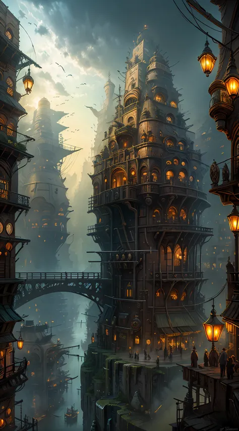 industrial age city，deep valley in the middle，architectural streets，bazaars，bridges，rainy sky，airship in the sky，steampunk futur...