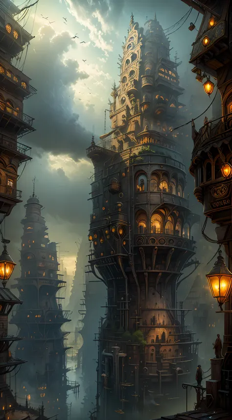 industrial age city，deep valley in the middle，architectural streets，bazaars，bridges，rainy sky，airship in the sky，steampunk futur...