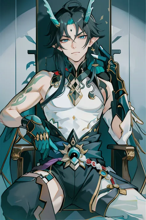 (absurderes,A high resolution,Hyper-detailing,hdr),Dragons horn,younge boy,tmasterpiece,best qualtiy,1人,独奏,Handsome,Golden eyes,Fine eyes and detailed face,toppless,Tattooed with,arma,seated on a throne,pervert smirk,Abs,chest muscle,Raised sexy,Ruffian,Sh...