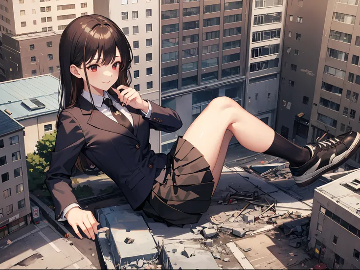 alloy rabbit, masterpiece, 1girl, bigger than the building, brown hair, red eyes, bangs, suit, black necktie, black pleated skir...