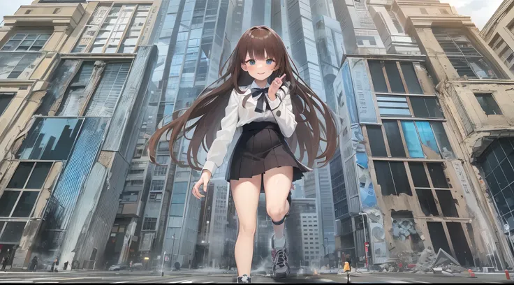 1girl, solo, two legs, two hands, bigger than the building, long hair, brown hair, bangs, blue eyes, blazer, white shirt, black ...