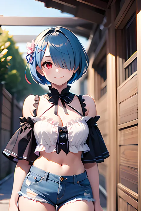 masterpiece, best quality, highres, ram1, 1girl, solo, rem \(re:zero\), blue hair, short hair, red eyes, hair over one eye, ribb...