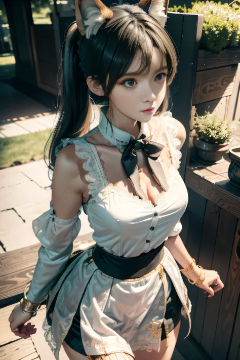 tmasterpiece, best qualtiy, ultra - detailed, RAW photogr, (realisticlying:1.4), High-speed rail top clouds, 1girll, 独奏, By bangs, (fox ear), mediuml breasts, clothing cutout,Hollow-out on, Animal ear, girl fox, Silk lace skirt skirt, pony tails, neck bowt...
