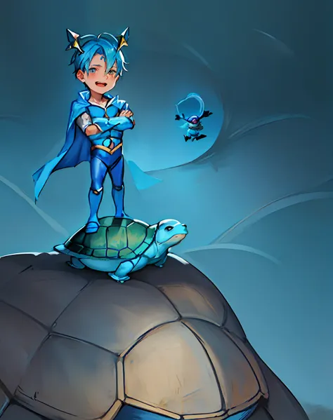 cartoon drawing of a man with a blue hair and a blue cape, The man standing on the turtle, as an anthropomorphic turtle, anthropomorphic turtle humanoid, as an atlantean,