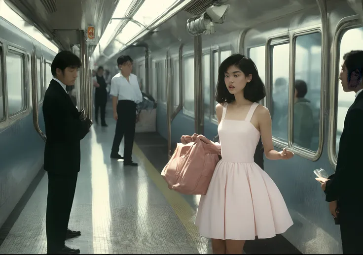 Photos from the 1990s、nostalgic、One Teenage Woman、Train、a scene from a movie、Fuji Film、championship、masterpiece、Woman in pink dress standing on train, Train, alexey egorov, Shot on Ektachrome film, Lonely girl waiting for train, Award-winning color photog...