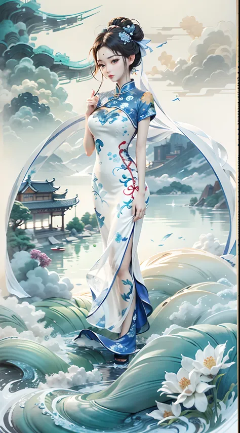 ink wind，ink，water ink，smudge，（blue and white porcelain style：1.5），jingdezhen porcelain，（cheongsam beauty：1.4），closeup cleavage，...