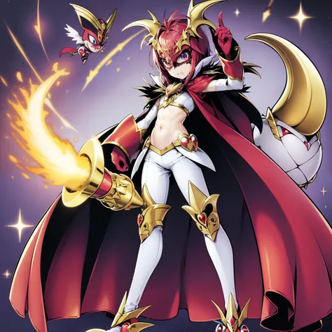(masterpiece, best quality:1.2), solo, male focus, 1boy, ((riddle rosehearts as a Digimon)), angry, closed mouth,pout , looking at viewer, holding a scepter, mini crown, white shirt, cape, Pants ((white , black ,red and gold color scheme:1.4)),(( pink skin...