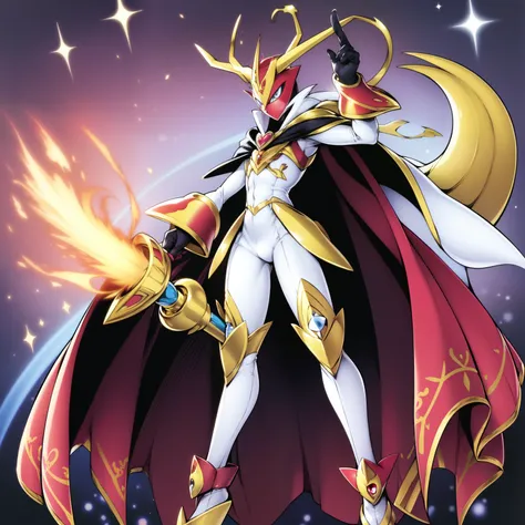 (masterpiece, best quality:1.2), solo, male focus, 1boy, ((riddle rosehearts as a Digimon 1.0)), angry, closed mouth,pout , looking at viewer, holding a scepter, mini crown, white shirt, cape, Pants ((white , black ,red and gold color scheme:1.4)),(( pink ...