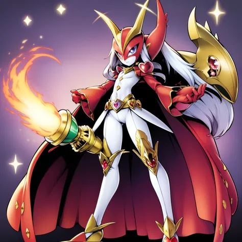 (masterpiece, best quality:1.2), solo, male focus, 1boy, ((riddle rosehearts as a Digimon 1.0)), angry, closed mouth,pout , looking at viewer, holding a scepter, mini crown, white shirt, cape, Pants ((white , black ,red and gold color scheme:1.4)),(( pink ...