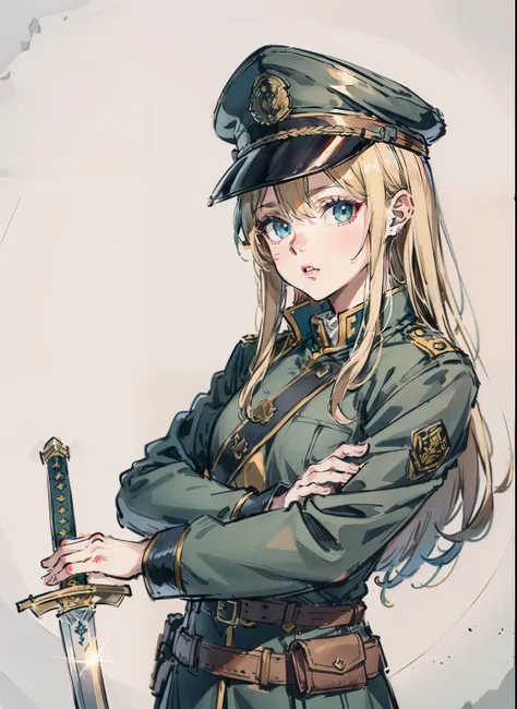 animesque、animations、(top-quality)、(超a high resolution)、(high-detail)、4k、military outfits 、wearing a military cap、a blond、longha...