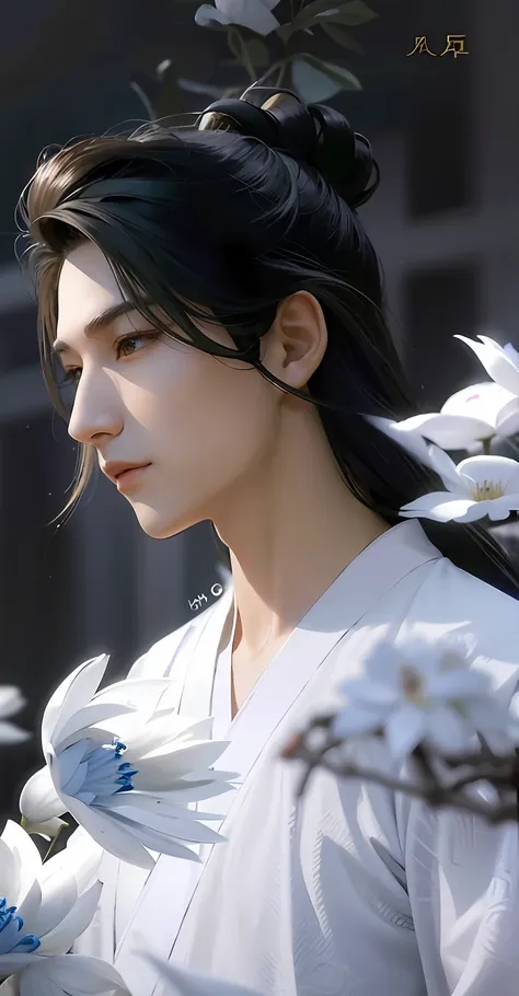 alpha image of a handsome young man holding a bunch of lotus flowers in his hand, inspired by zhang han, cai xukun, young wan an...