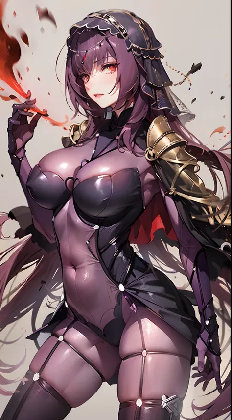 scathach,fleshy thighs，with a pure white background，huge tit，vigorous，china-style，high-class design sense，promotional poster sty...