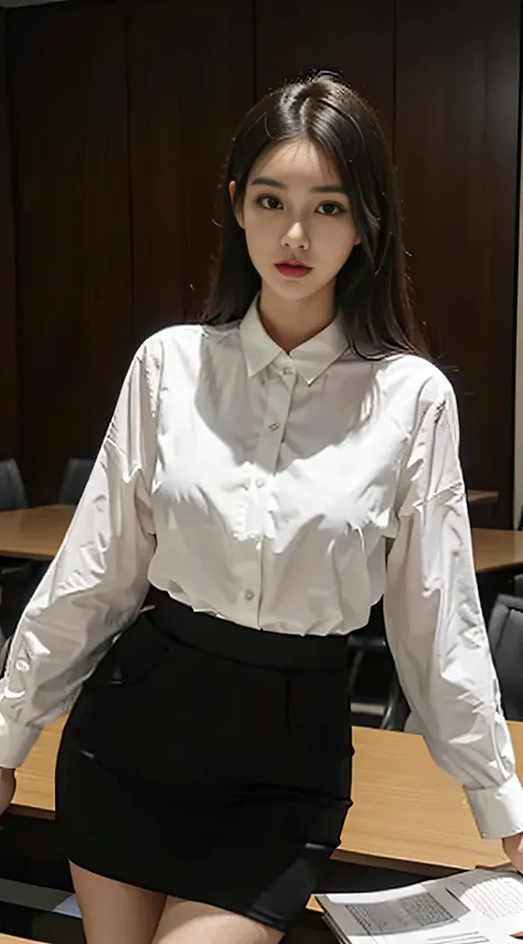 Beautiful female secretary、Business Wear、White blouses、Black tight skirt、slim figure、Oversized bust、Slim Girl Model、24歳の女性モデル、long legged、meeting room、